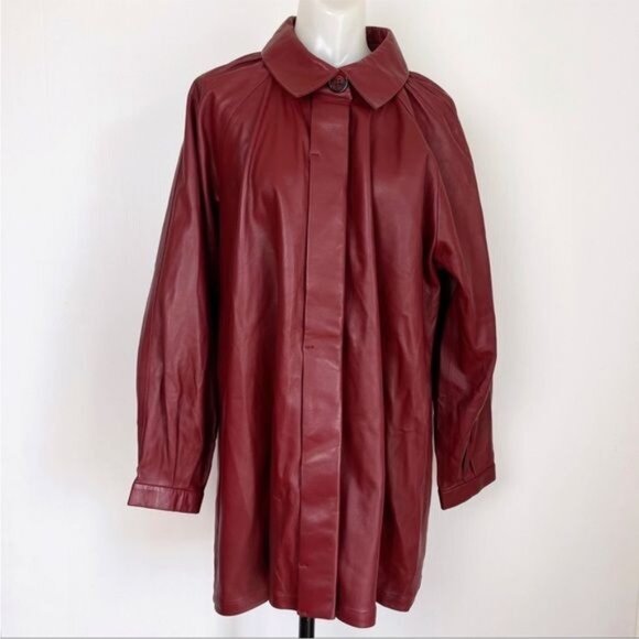 DODO BAR OR 100% Leather Jacket Mini Shirt Dress Coat In Burgundy size 12 - Picture 1 of 15